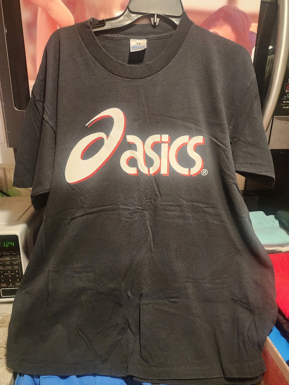 Vintage 90's Asics Black Tee with White and Red Logo